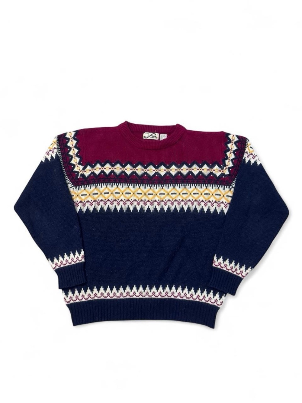 Vintage 80s steep slopes ski virgin acrylic fair isle sweater red blue L mens